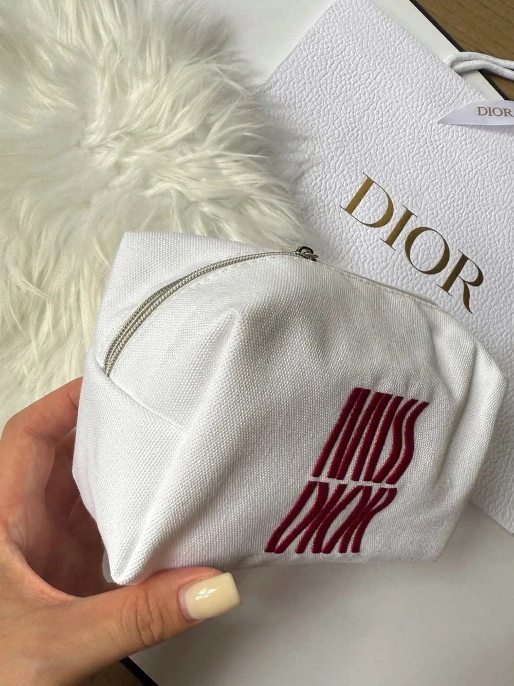 Miss Dior White Canvas Pouch with Pink 'Miss Dior' Embroidery New